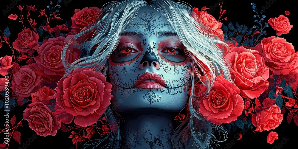 A beautiful Day of the Dead woman with roses, vector t-shirt design illustration on a black background A beautiful Day of the Dead woman with roses, vector t-shirt design illustration on a black background