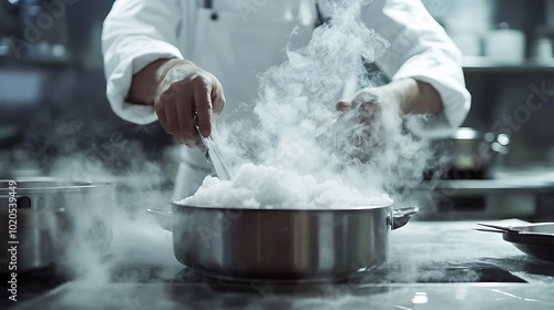 Close-up of a chef stirring a pot of boiling liquid, with steam billowing from the pot. photo