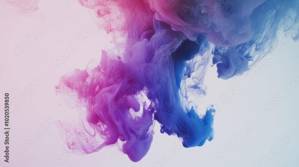 A beautiful ink cloud mixing in water, showcasing a vibrant array of purple, blue, and pink colors, set against a minimal white background for easy customization. A beautiful ink cloud mixing in water, showcasing a vibrant array of purple, blue, and pink colors, set against a minimal white background for easy customization.