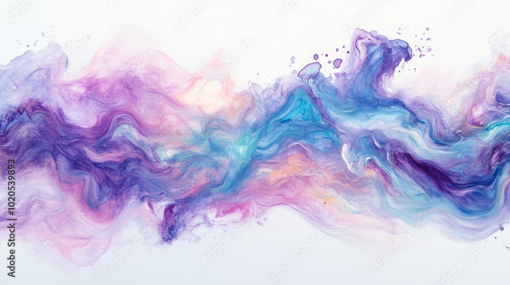 A captivating blend of acrylic pigments in water, showcasing an abstract cloud of purple, blue, and pink colors, against a white background with text space. A captivating blend of acrylic pigments in water, showcasing an abstract cloud of purple, blue, and pink colors, against a white background with text space.