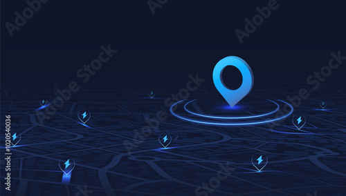 Flexible charging solutions, public charging stations available nearby. Select the most convenient route to drive. City map with charging stations icon available. Vector illustration