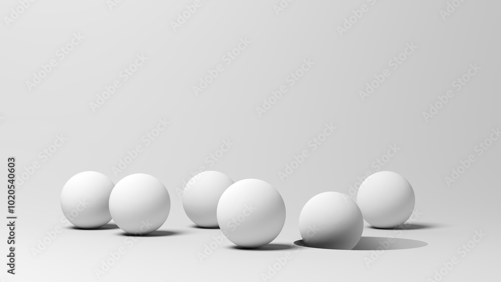 Six white spheres. One sphere falling into the hole. Balls. Isolated. 3d illustration. Six white spheres. One sphere falling into the hole. Balls. Isolated. 3d illustration.