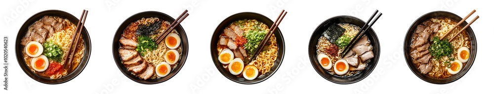 Shoyu Ramen in a bowl with chopsticks isolated on a transparent or white background, cut-out, top view, PNG Shoyu Ramen in a bowl with chopsticks isolated on a transparent or white background, cut-out, top view, PNG
