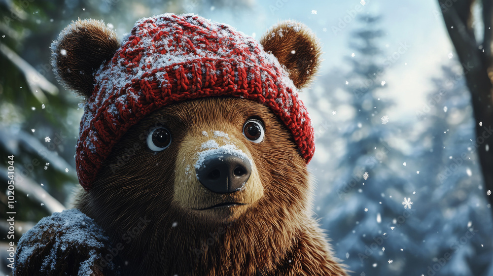 A disgruntled bear in a red hat is surprised by the snow A disgruntled bear in a red hat is surprised by the snow