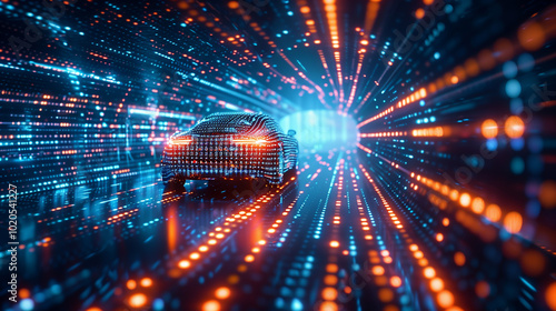 Conceptual representation of digital world in abstract beauty. Futuristic car drives along digital road