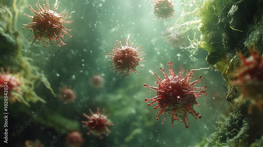 detailed microscopic view of virus cells, showcasing zoonosis transmission and the potential spread of pathogens from animals to humans, emphasizing the importance of understanding viral infection detailed microscopic view of virus cells, showcasing zoonosis transmission and the potential spread of pathogens from animals to humans, emphasizing the importance of understanding viral infection