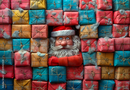 Santa claus ismiling surrounded by a large amount of wrapped christmas presents photo