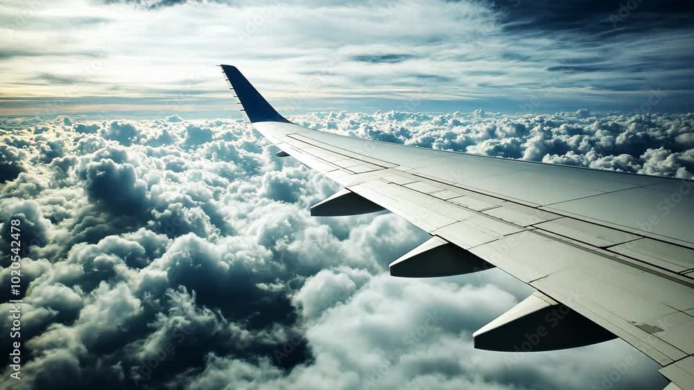 A plane wing soars above a sea of fluffy white clouds, capturing a breathtaking view during a flight