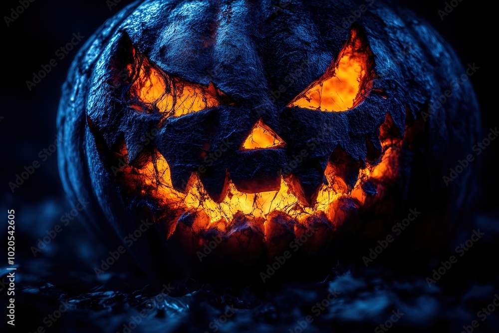 Fototapeta premium Scary carved dark blue pumpkin jack o lantern with glowing fiery evil eyes and mouth on black background. Halloween banner, poster, card, invitation to event or party. Spooky holiday decorations