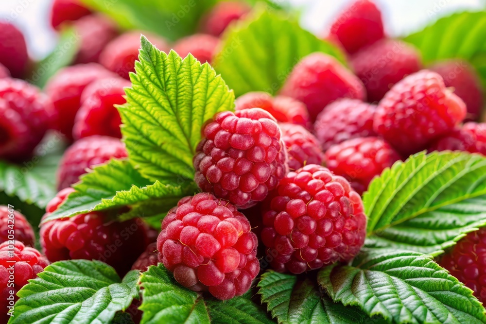 A close-up view of luscious, ripe raspberries complemented by fresh green leaves, showcases their vibrant color and freshness against a pristine white backdrop. A close-up view of luscious, ripe raspberries complemented by fresh green leaves, showcases their vibrant color and freshness against a pristine white backdrop.