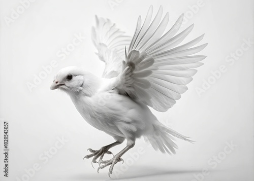 Adorable black and white image captures a flying canary chicken. Ideal for stock photography, this small bird's charm shines through its delightful poses.