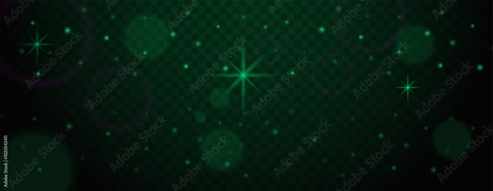 Dark green starry sky with glowing particles and light flares on transparent background. Abstract sparkling effects Glare light effect. Star dust, sparkles. Neon light. Night star Dark green starry sky with glowing particles and light flares on transparent background. Abstract sparkling effects Glare light effect. Star dust, sparkles. Neon light. Night star