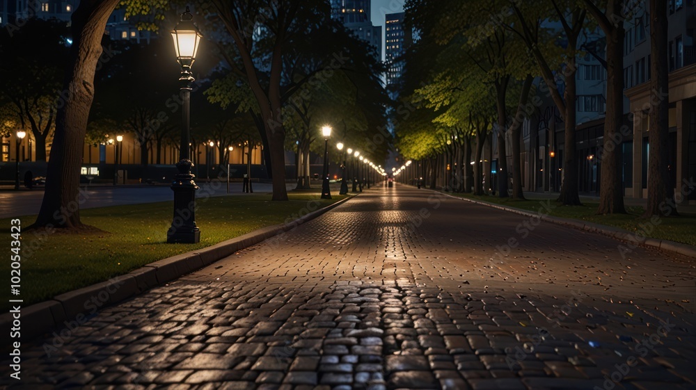 A cobblestone street lined with trees and lit by streetlamps under a dark sky in the city at night. A cobblestone street lined with trees and lit by streetlamps under a dark sky in the city at night.