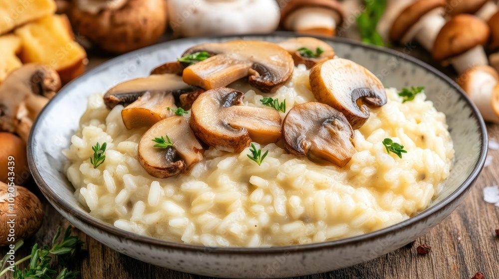 A delicious bowl of creamy risotto with mushrooms and herbs, elegantly placed on a rustic wooden table. The empty space to the side invites text, perfect for recipe blogs or menus. A delicious bowl of creamy risotto with mushrooms and herbs, elegantly placed on a rustic wooden table. The empty space to the side invites text, perfect for recipe blogs or menus.
