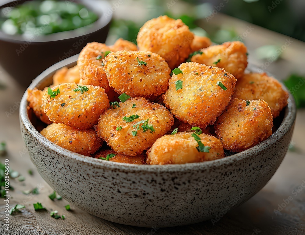 A bowl of crispy chicken nuggets on a wooden table, a food photography product shot showcasing the delicious textures. A bowl of crispy chicken nuggets on a wooden table, a food photography product shot showcasing the delicious textures.