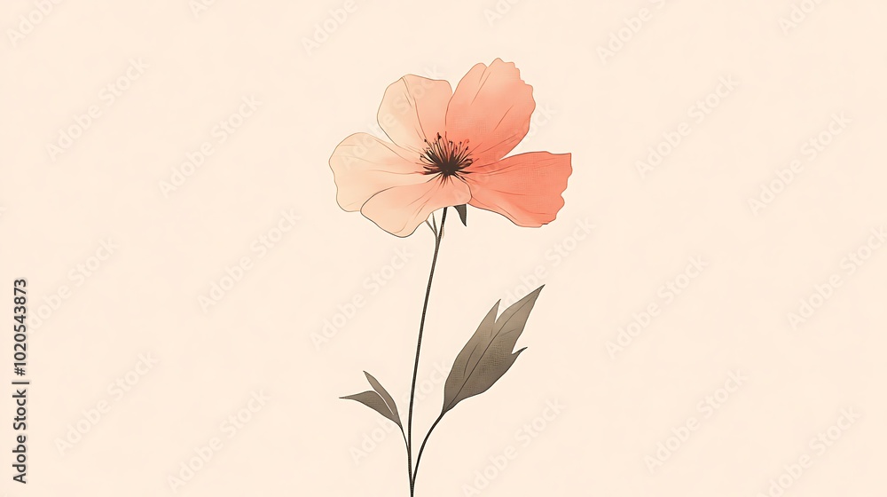 Naklejka premium Single Peach-Colored Flower with Stem and Leaves on a Light Peach Background