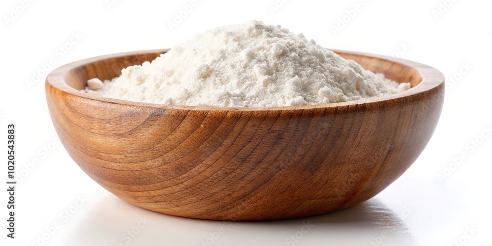 Flour in a wooden bowl isolated on white background Flour in a wooden bowl isolated on white background
