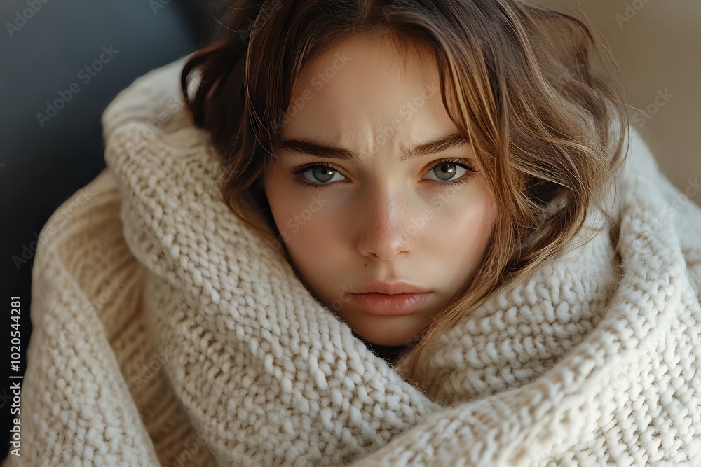 Portrait of a young woman wrapped in a soft knitted blanket, looking into the camera with a thoughtful expression. Portrait of a young woman wrapped in a soft knitted blanket, looking into the camera with a thoughtful expression.