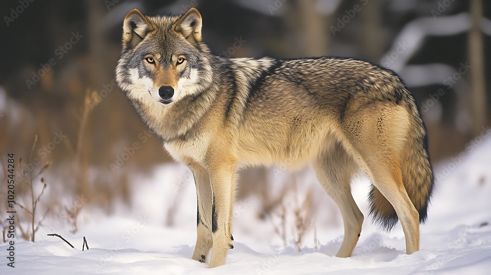 A wolf stands in a snowy landscape, showcasing its natural beauty and habitat. A wolf stands in a snowy landscape, showcasing its natural beauty and habitat.