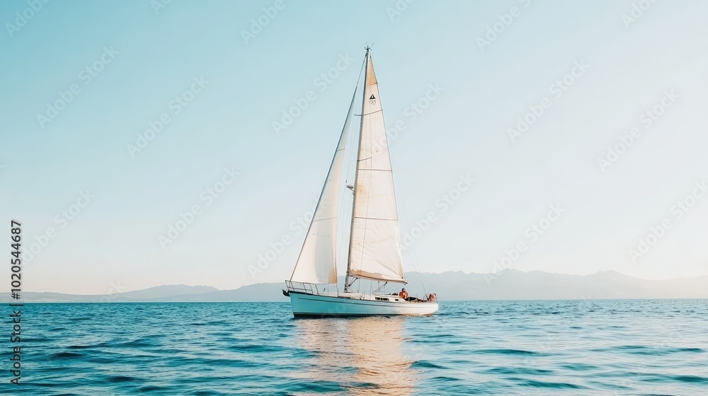Fototapeta premium A picturesque sailboat on a serene blue lake, flanked by mountain ranges under a clear sky. The water is still, creating a perfect reflection. Great for travel inspiration.