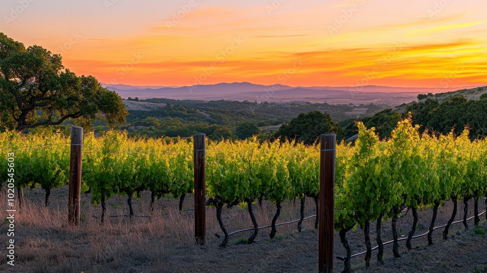 Vineyard Rows at Sunset with Mountain Views Vineyard Rows at Sunset with Mountain Views