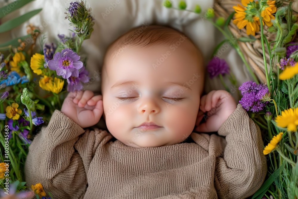 Newborn baby sleeping peacefully in a basket surrounded by delicate flowers, baby, newborn portrait Newborn baby sleeping peacefully in a basket surrounded by delicate flowers, baby, newborn portrait