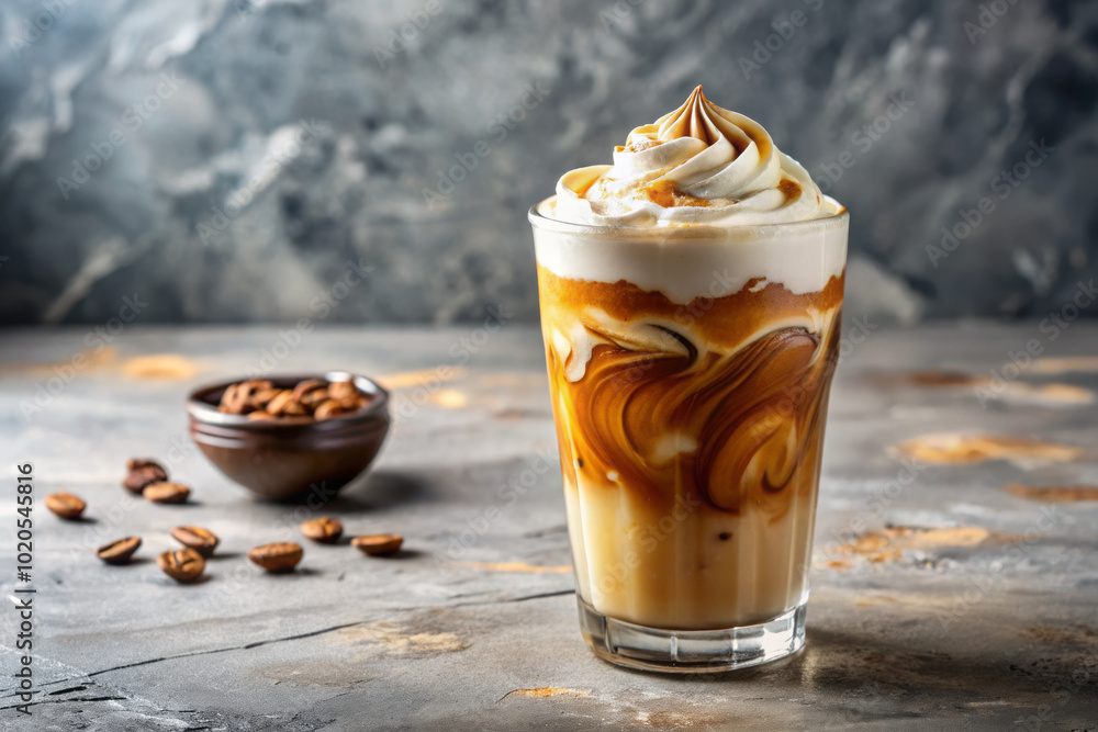 Iced coffee with cream swirls in glass, showcasing delightful blend of flavors and textures. rich colors and creamy topping create inviting and refreshing beverage experience Iced coffee with cream swirls in glass, showcasing delightful blend of flavors and textures. rich colors and creamy topping create inviting and refreshing beverage experience