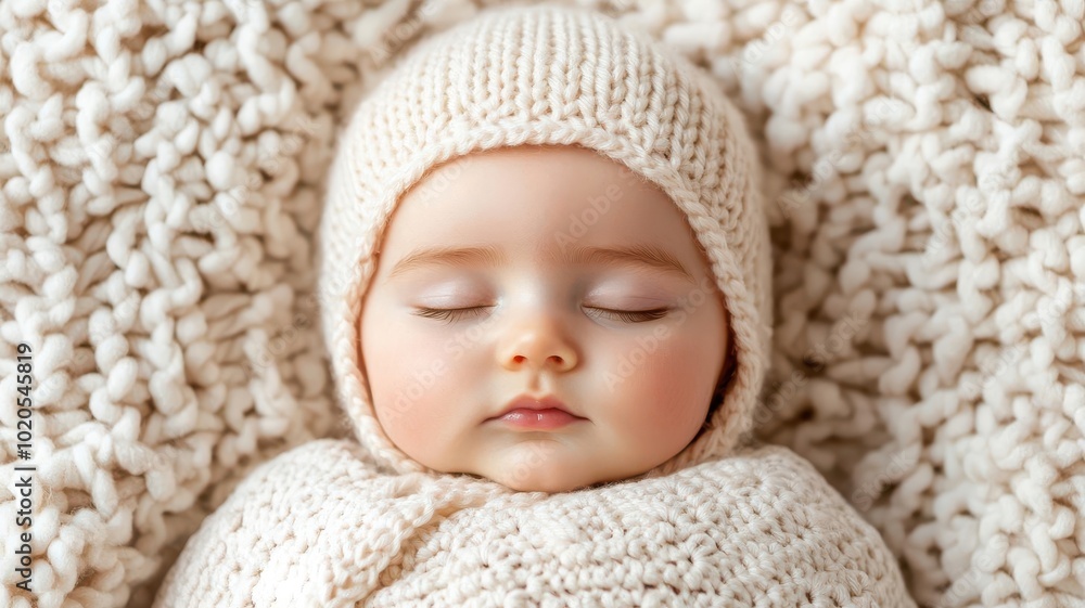 Sleeping baby in a crocheted hat, nestled in a cozy blanket, baby, sleeping baby Sleeping baby in a crocheted hat, nestled in a cozy blanket, baby, sleeping baby