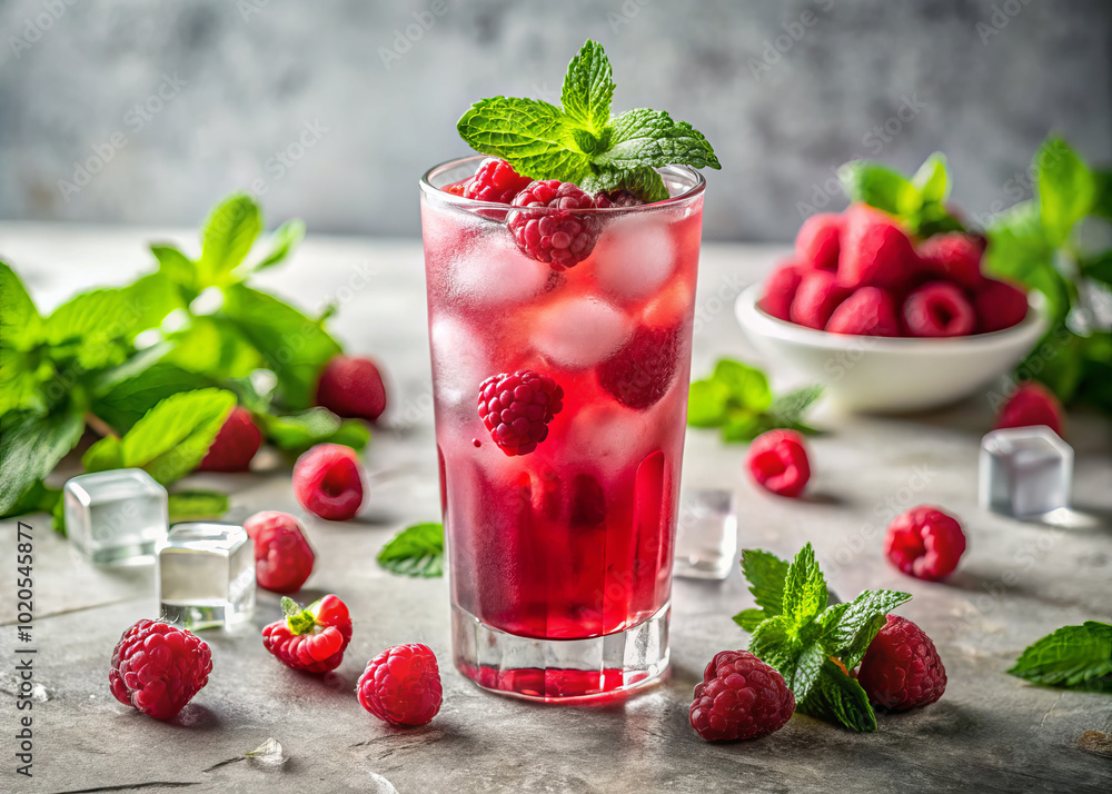 refreshing summer drink featuring vibrant red raspberries, mint leaves, and ice cubes, perfect for cooling off on hot day. colorful presentation invites enjoyment and relaxation refreshing summer drink featuring vibrant red raspberries, mint leaves, and ice cubes, perfect for cooling off on hot day. colorful presentation invites enjoyment and relaxation