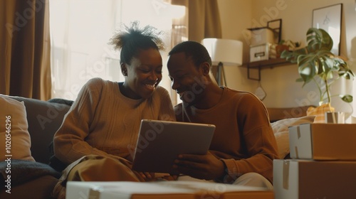 A couple relaxing in their newly purchased home, reviewing their mortgage agreement on a tablet with a satisfied look, surrounded by unpacked boxes and a warm, inviting interior.