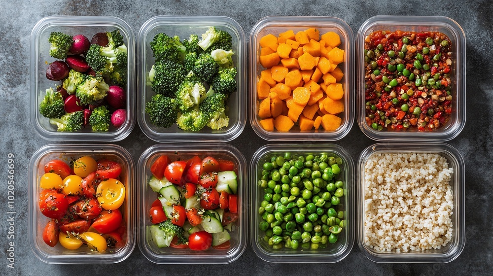 fresh and nutritious meal prep with vegetables and grains packed in containers for diet planning, perfect for portion control and maintaining a clean and healthy eating lifestyle fresh and nutritious meal prep with vegetables and grains packed in containers for diet planning, perfect for portion control and maintaining a clean and healthy eating lifestyle
