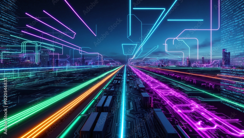 Urban, digital landscape in abstract beauty. Conceptual representation of digital transformation with constant data flow Urban, digital landscape in abstract beauty. Conceptual representation of digital transformation with constant data flow