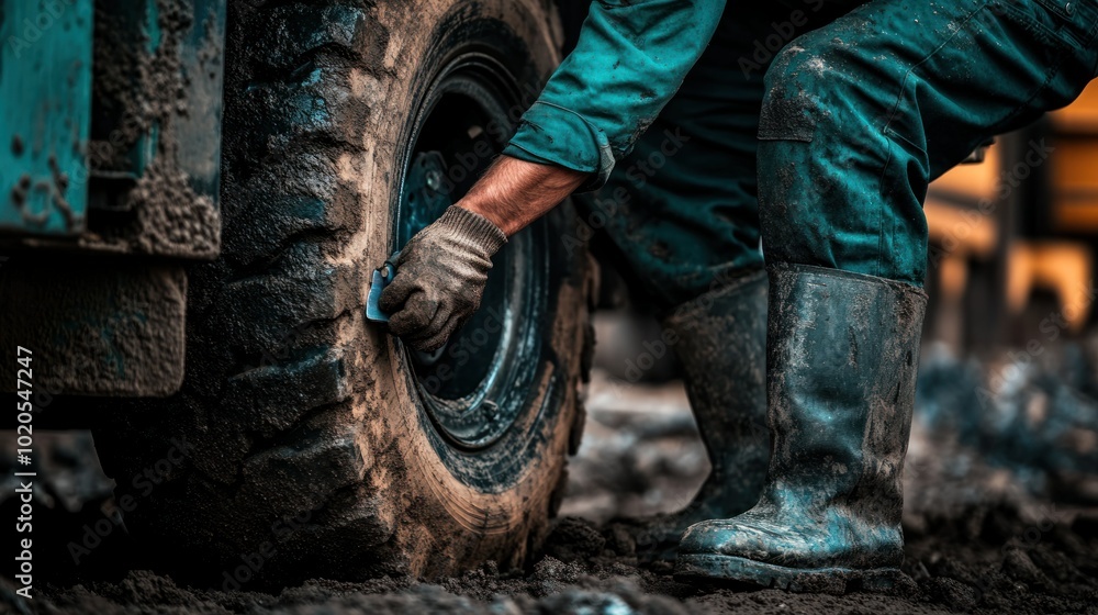 Fototapeta premium Close-up of a Worker's Hand and Boot Checking a Tire