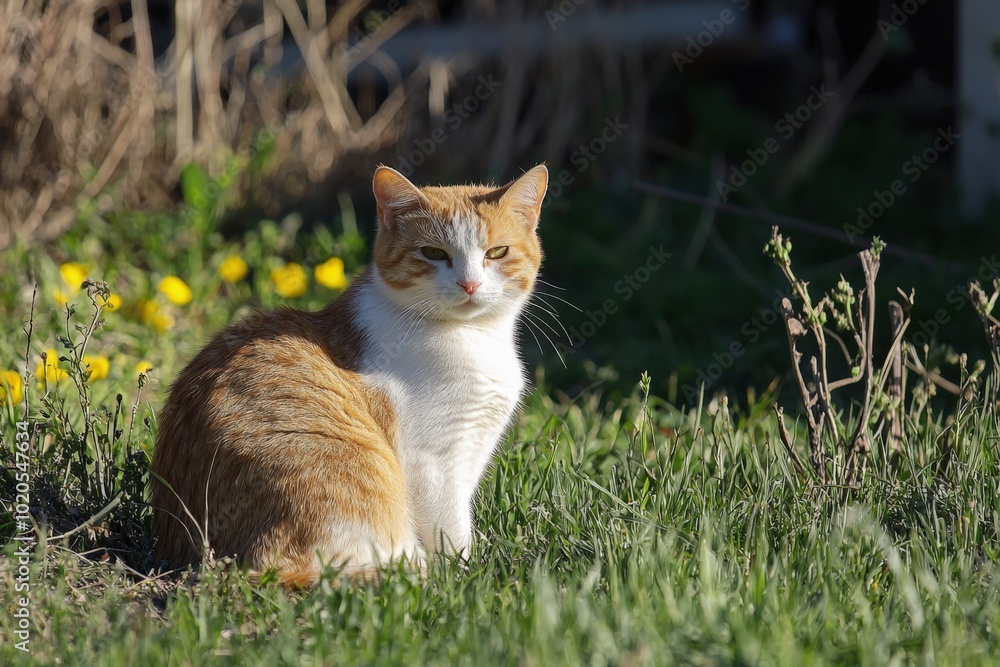 A serene orange and white cat enjoying a sunny day among blooming flowers in a lively garden A serene orange and white cat enjoying a sunny day among blooming flowers in a lively garden