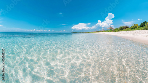 A serene beach scene featuring clear turquoise waters and sandy shore under bright blue sky. gentle waves create calming atmosphere, perfect for relaxation