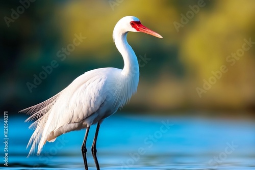 A graceful white bird stands elegantly by the water, showcasing its stunning features against a vibrant, blurred background.