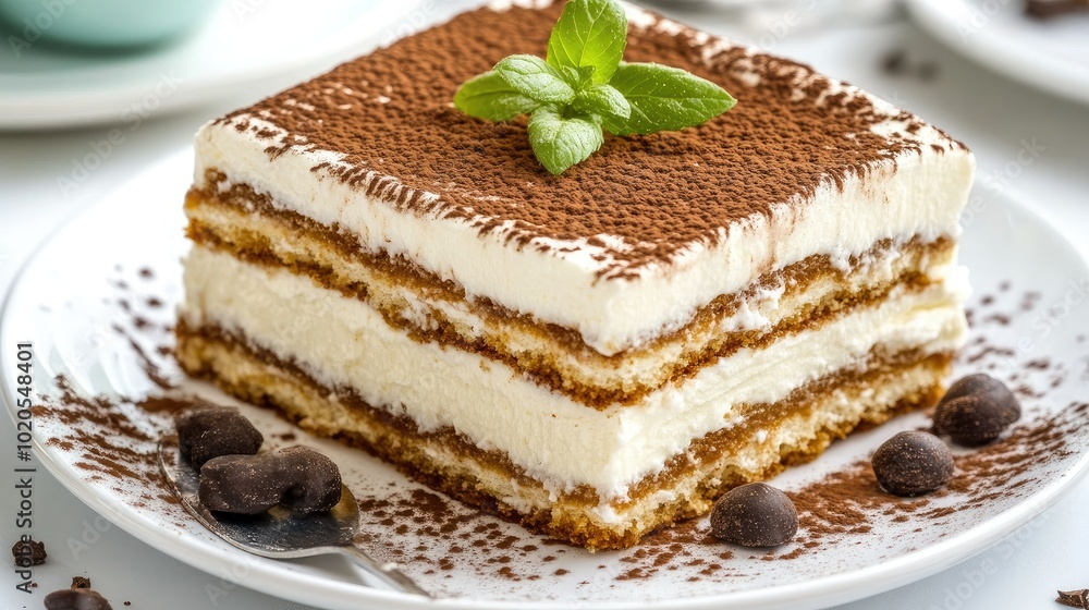 An overhead view of a tiramisu, showcasing its layered beauty and rich flavors. The open space surrounding the dessert is perfect for captions or brand logos. An overhead view of a tiramisu, showcasing its layered beauty and rich flavors. The open space surrounding the dessert is perfect for captions or brand logos.