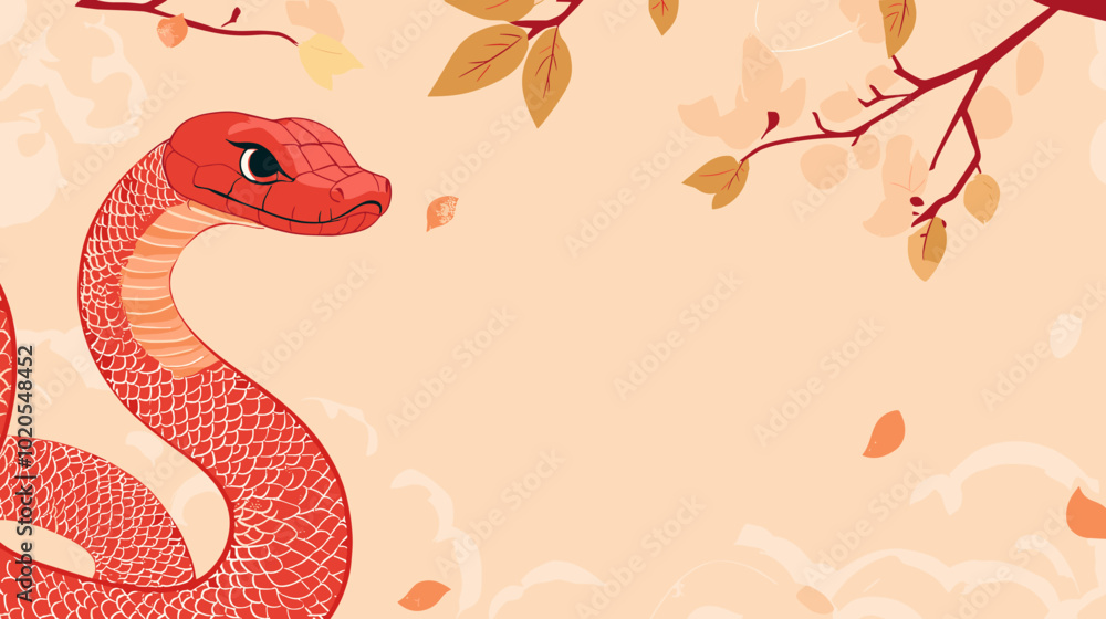 Obraz premium Chinese new year 2025 year of the Snake banner template. Red Snake illustration and design. Red traditional Chinese vector designs with snakes. Lunar new year concept, geometric modern vector design