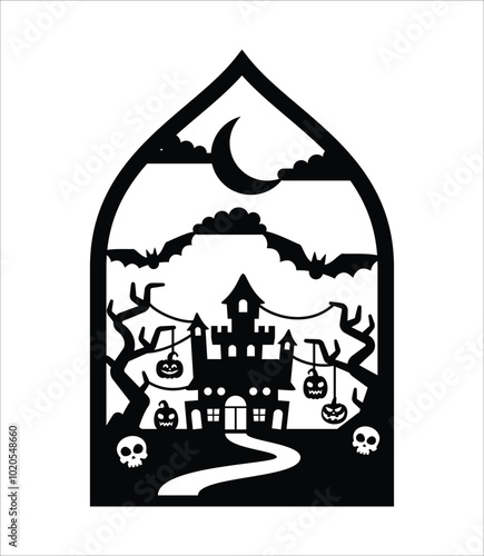 halloween hanging door decor design template. Halloween scene wall decoration vector template illustration. Scary haunted house in the graveyard with the skull lying around and wandering bats.