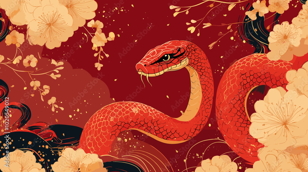 Obraz premium Chinese new year 2025 year of the Snake banner template. Red Snake illustration and design. Red traditional Chinese vector designs with snakes. Lunar new year concept, geometric modern vector design