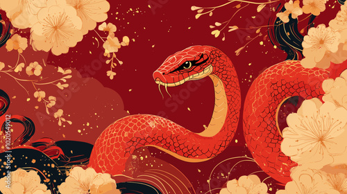 Chinese new year 2025 year of the Snake banner template. Red Snake illustration and design. Red traditional Chinese vector designs with snakes. Lunar new year concept, geometric modern vector design