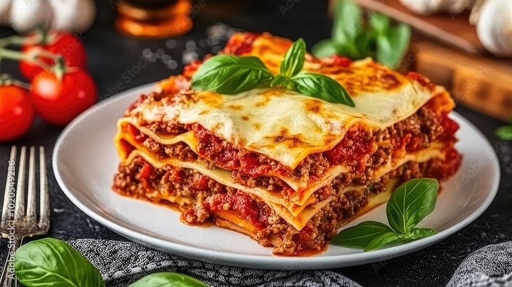 Top view of a delectable lasagna layered with minced beef and a robust tomato bolognese sauce, served on a white plate. The contrast against the black background enhances the dish's vibrant colors. Top view of a delectable lasagna layered with minced beef and a robust tomato bolognese sauce, served on a white plate. The contrast against the black background enhances the dish's vibrant colors.