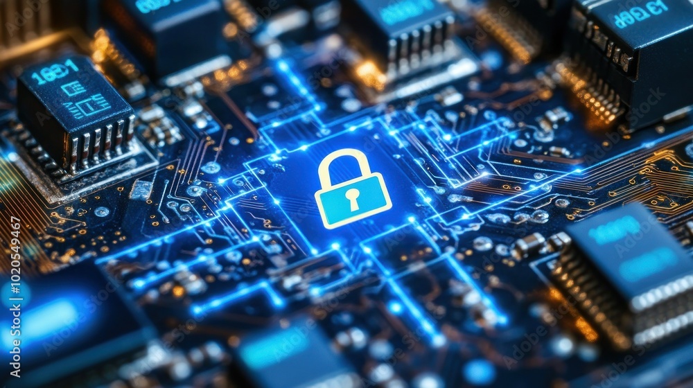 A digital padlock icon glowing on a circuit board A digital padlock icon glowing on a circuit board