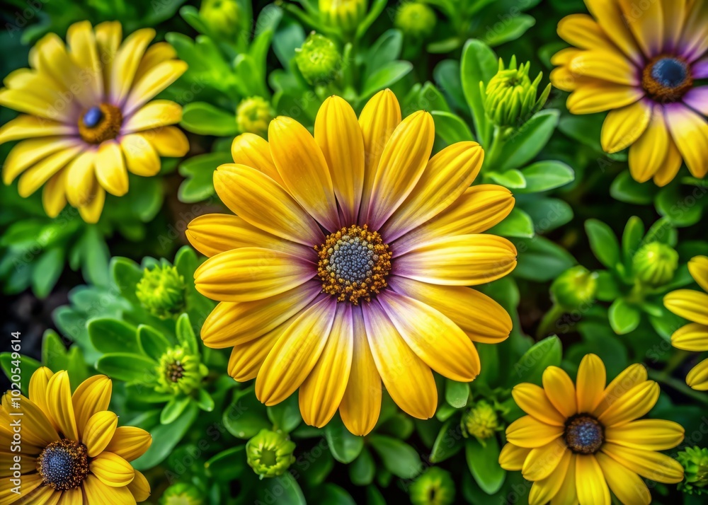 An aerial perspective captures isolated yellow osteospermum flowers flourishing in nature’s garden, highlighting the beauty and tranquility of this vibrant botanical scene. An aerial perspective captures isolated yellow osteospermum flowers flourishing in nature’s garden, highlighting the beauty and tranquility of this vibrant botanical scene.
