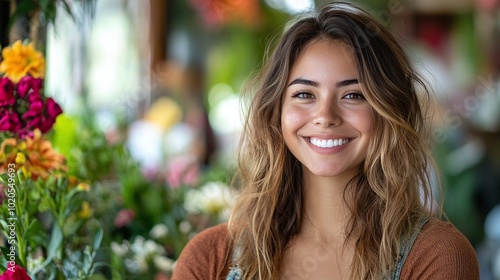 smiling female entrepreneur running her own florist shop, surrounded by colorful floral arrangements and plants, showcasing her passion for creating beautiful spaces as a small business owner