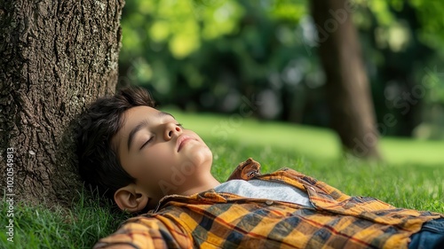 Taking a nap under a tree in a park, resting peacefully in the shade, take a nap, outdoor nap