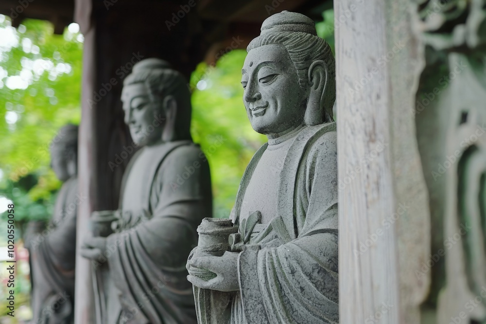 Obraz premium Serene stone statues of Buddhas surrounded by lush greenery in a tranquil garden setting