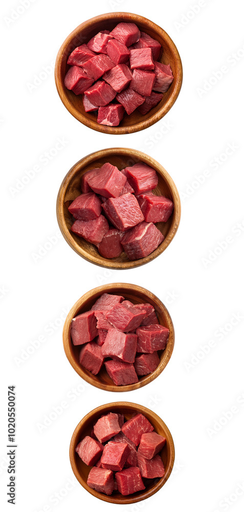 Cubes of raw beef displayed in wooden bowls, arranged vertically on a white background. Cubes of raw beef displayed in wooden bowls, arranged vertically on a white background.