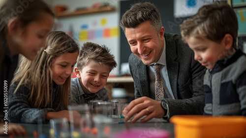 A smiling teacher helps young students with a hands-on science experiment in a classroom, promoting learning through playful engagement.