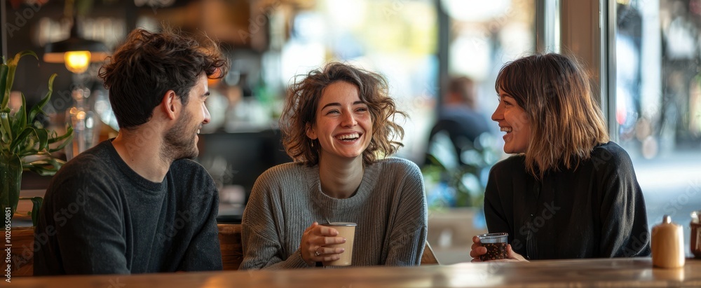 Happy group of friends enjoying coffee and laughter at a cozy cafe during a sunny afternoon Happy group of friends enjoying coffee and laughter at a cozy cafe during a sunny afternoon